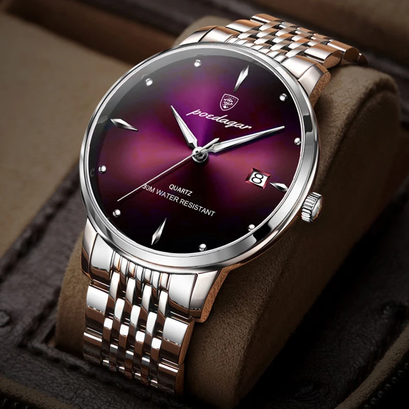 POEDAGAR Fashion Brand Men\'s Purple Quartz Watches Simple Stainless Steel Band Waterproof Wristwatch Casual Business Male Clock