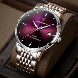 POEDAGAR Fashion Brand Men's Purple Quartz Watches Simple Stainless Steel Band Waterproof Wristwatch Casual Business Male Clock