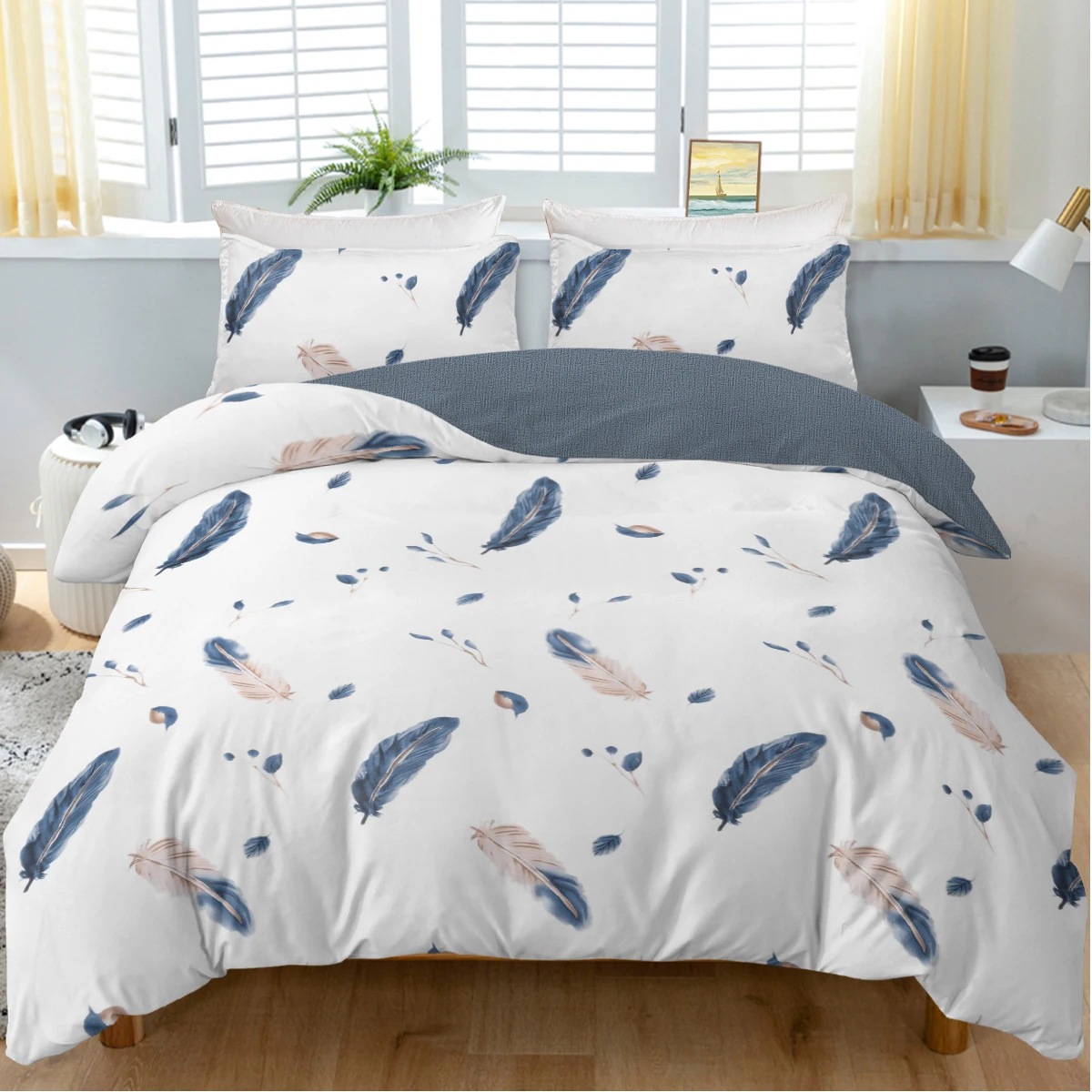 3pc Blue and Pink Feather Design Bedding Set White Background Quilt Cover with Zipper Closure 1 Duvet Cover and 2 Pillowcases