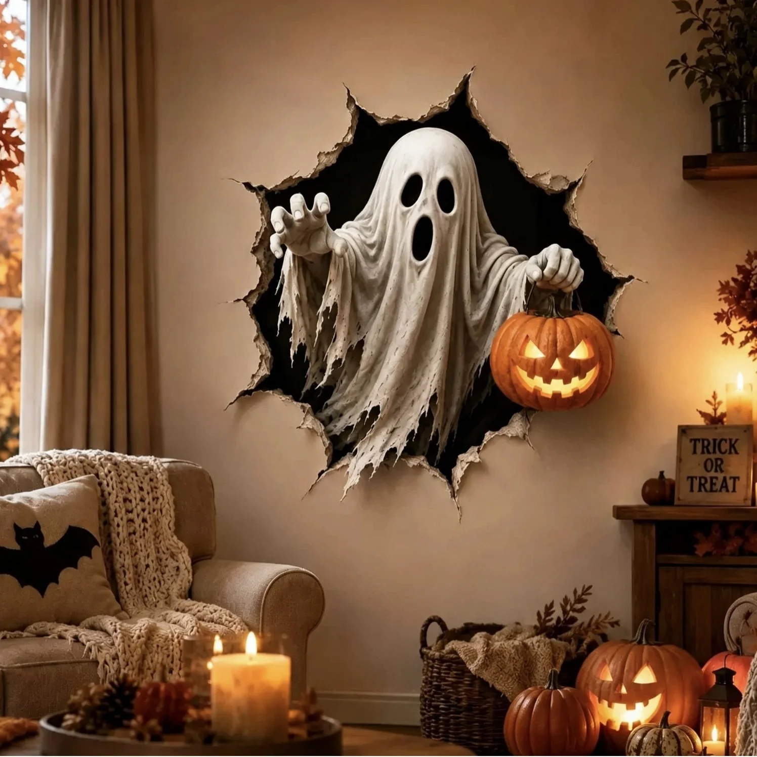 Halloween Broken Wall Zombie Ghost Wall Sticker, Horror Frame Scary Decal, Halloween Home Wall Decoration
