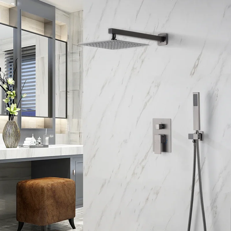Brass Wall Embed Mount Grey Color 1/2/3 Function Concealed Shower System 10 Inch Top Rain Spray Hand Shower Head Bathroom Faucet