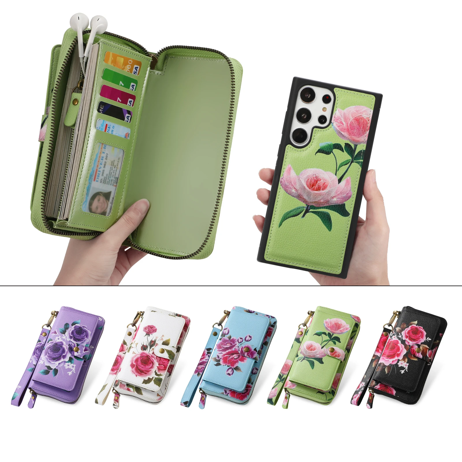 

Wristband Zipper Wallet Cards Solt Flower Phone Bag For Samsung Galaxy S23 Ultra S22 Plus Note 20 Hand Strap Detachable Cover