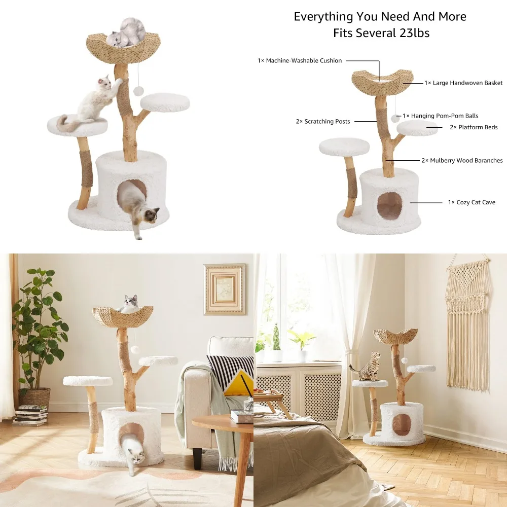 

Modern Cat Tree Tower for Small and Large Cats, Real Solid Wood Branch Luxury Cat Condo with Scratching Post and, Customized
