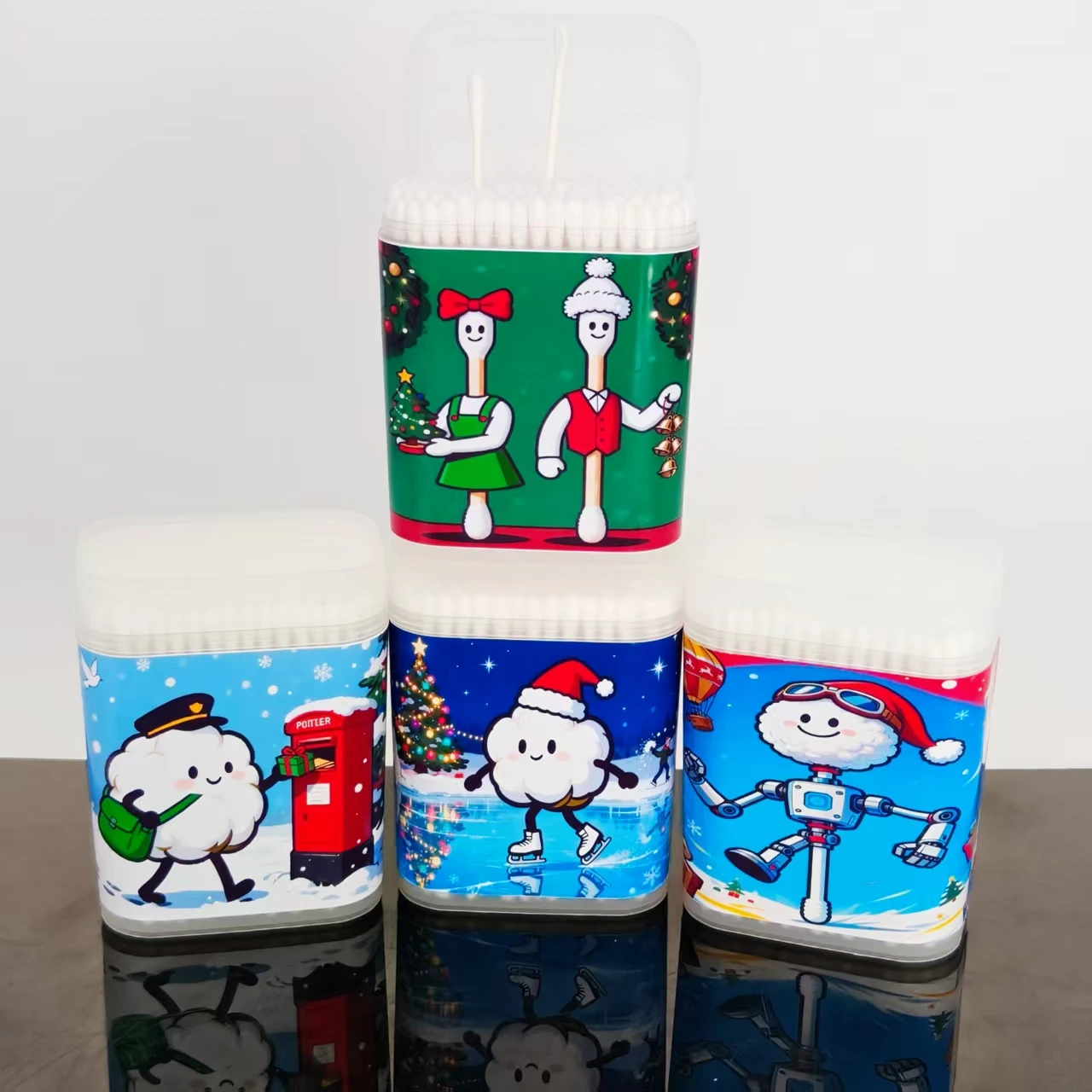 800 قطعة/1200 قطعة عيد الميلاد موضوع تصميم غرامة محور أعواد قطنية عصا فرك صندوق عطلة هدية أعواد قطنية