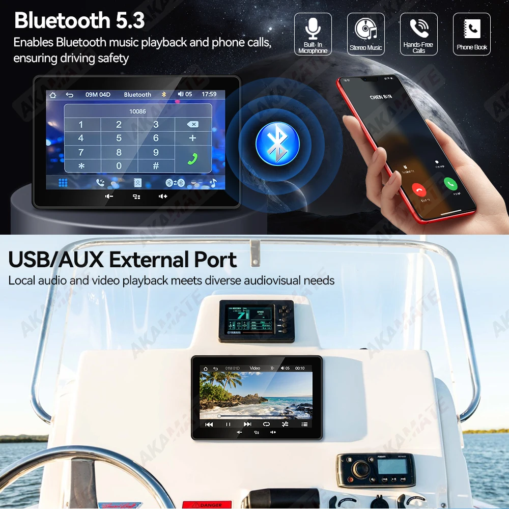 7インチマリンラジオボートラジオCarPlay Android AutoメディアプレーヤーFM AMレシーバー防水Bluetooth AUX USB RV ATV UTV SPA用