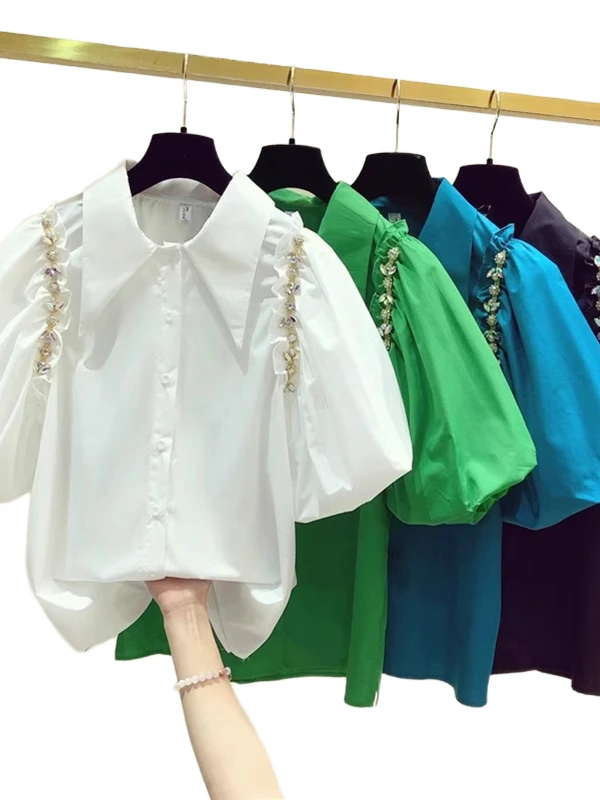 

Ele ort Sve Diamond Embedded Bubble Sve irt for Women Heavy Work High Faion Top Commute Sle Loose Fit