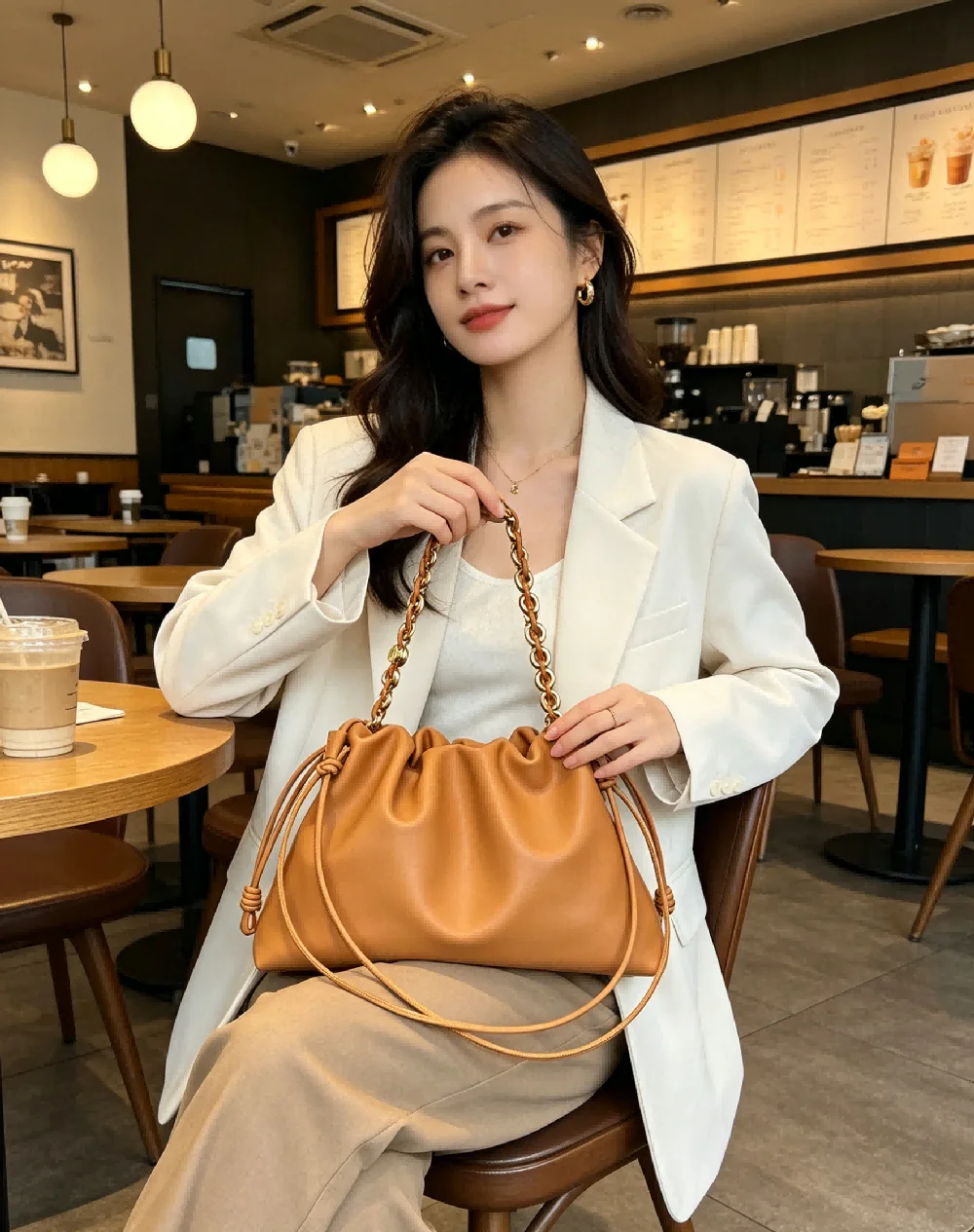 Women Caramel Ruched Cloud Shoulder Bag, Minimalist Soft Handbag for Casual Wear and Everyday Commute