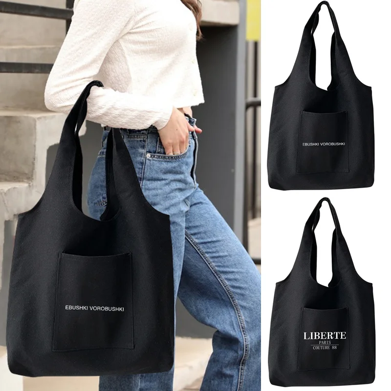 

Women's Shopping Bags Commuter Vest Bag Text Printing Large Capacity Eco Supermarket Handbags Ladies Casual Canvas Tote Bag