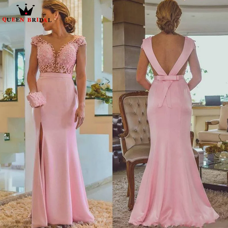 

Pink Mermaid Mother of the Bride Dresses Sexy Split Lace Applique Backless Bow vestido madre del novio boda 2023 Custom DT62