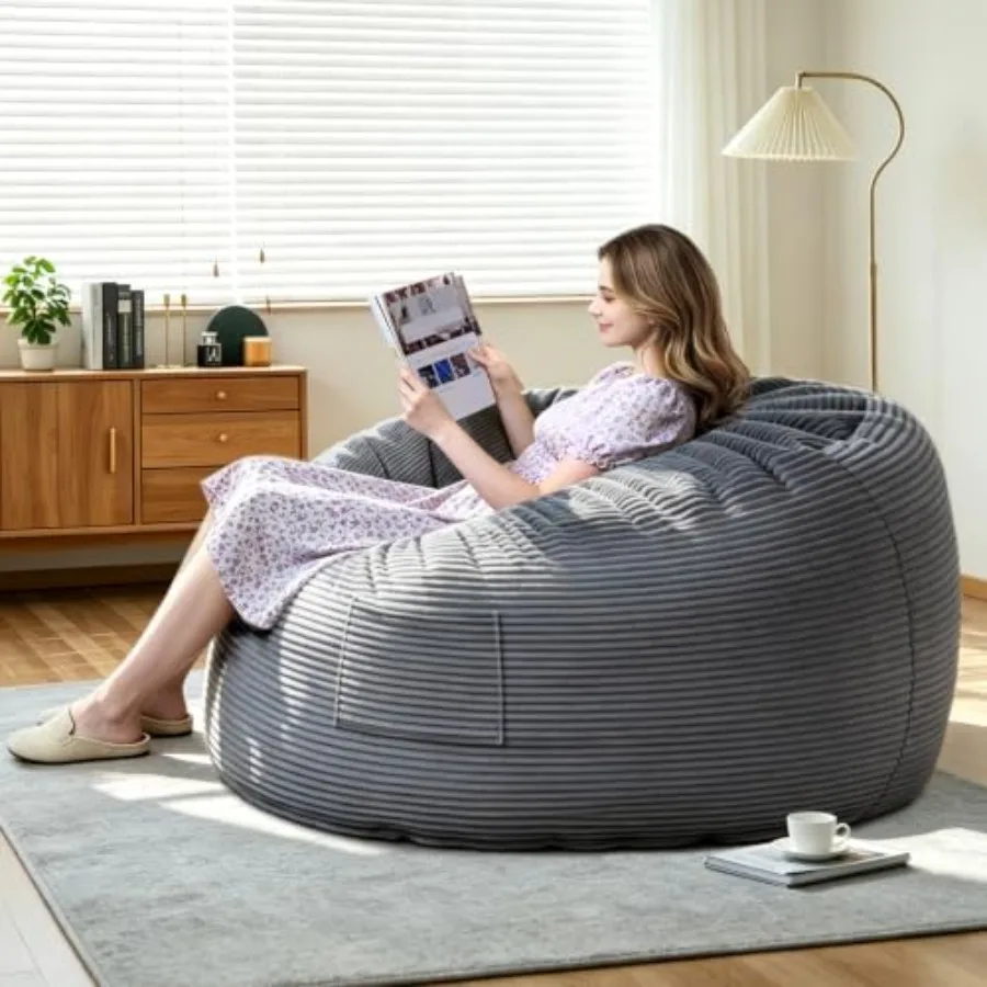 Oversized corduroy bean bag chair for living room, bedroom, dorm, game room: soft shredded foam fill, side pocket carry handle,