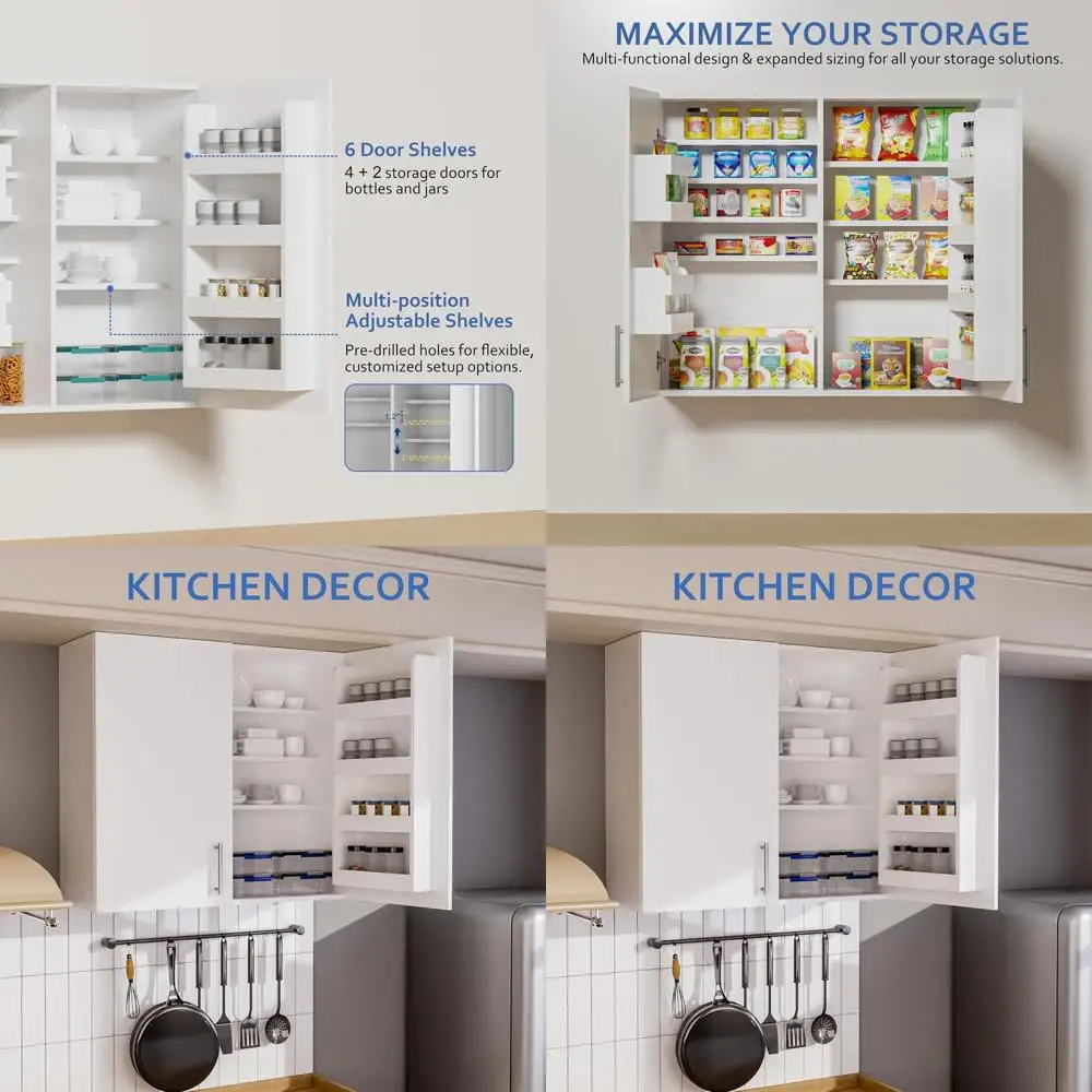 

35 White Wooden Wall-Mounted Cabinet with Adjustable Shelves and Inner Door Organizers for Kitchen, Laundry, or Bathroom Storage