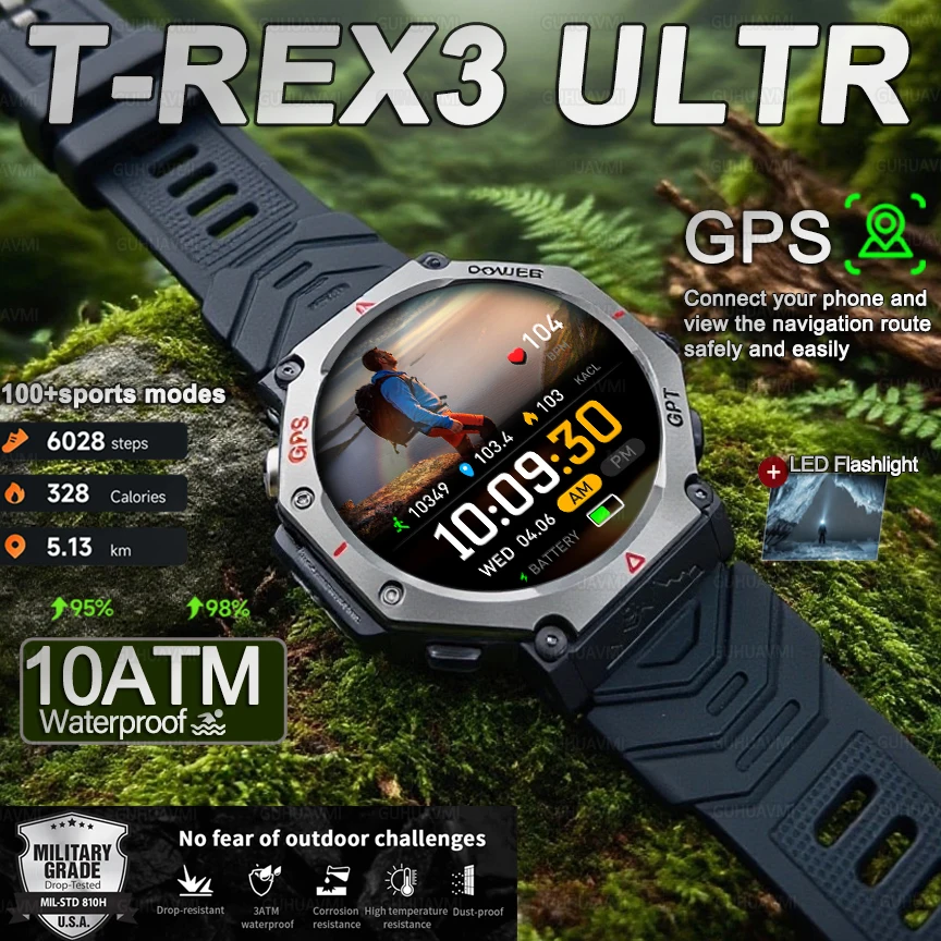 

2025 НОВЫЕ GPS уличные военные спортивные часы в оригинальной упаковке T-Rex 3, компас, альтиметр, барометрические, 10 АТМ, водонепроницаемые, HD-часы для вызова