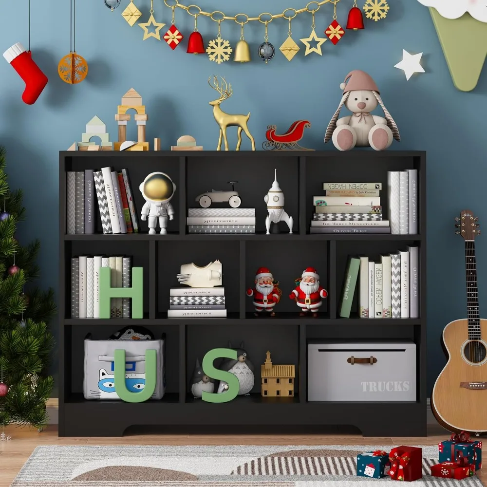 مجموعة أرفف كتب خشبية مكونة من 3 طبقات، منظم تخزين 10 مكعبات، خزانة كتب سوداء قائمة بذاتها مع أرفف مفتوحة، ديكور منزلي موفر للمساحة #4