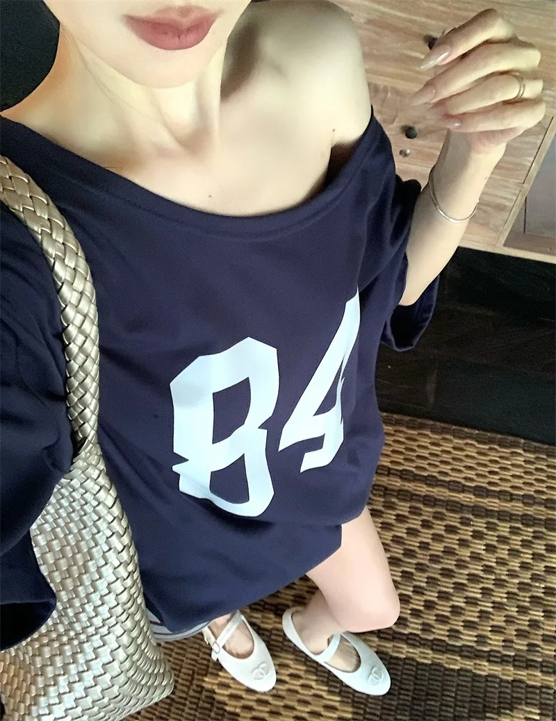 

Women Print Short Sleeve One Shoulder T-shirt Street Style Tee Vintage Streetwear Korean Summer White T Shirt t-shirts for women