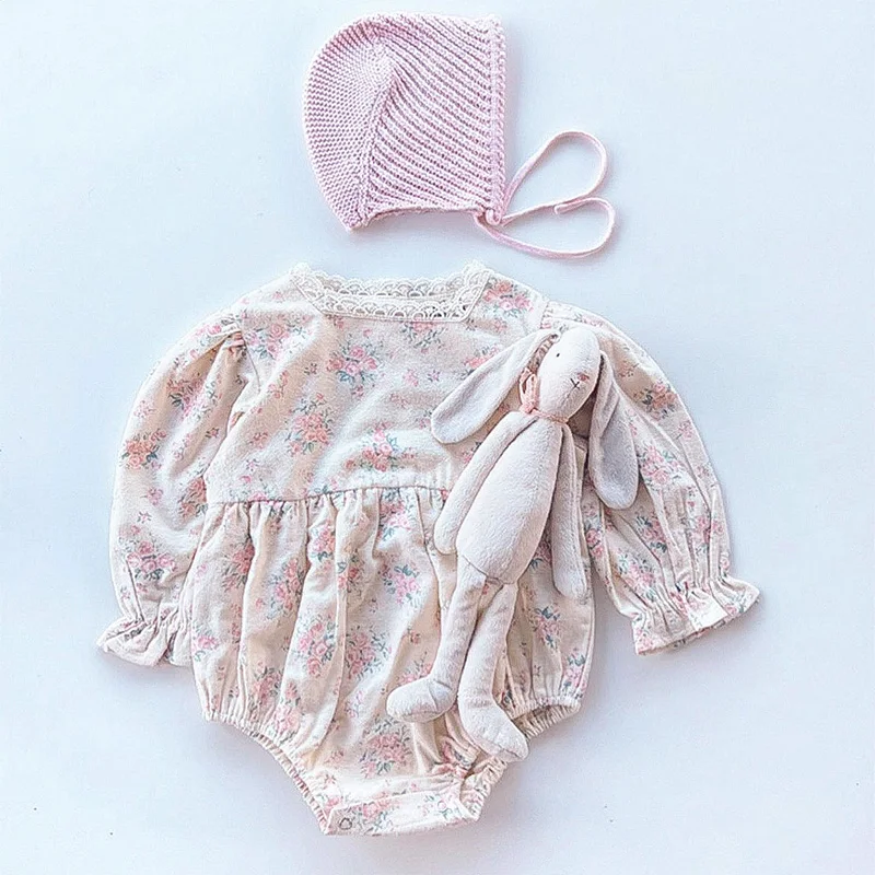 

Newborn Baby Girl Bubble Romper Floral Long Puff Sleeve Bodysuit Ruffled Lace Trim Fall Outfit