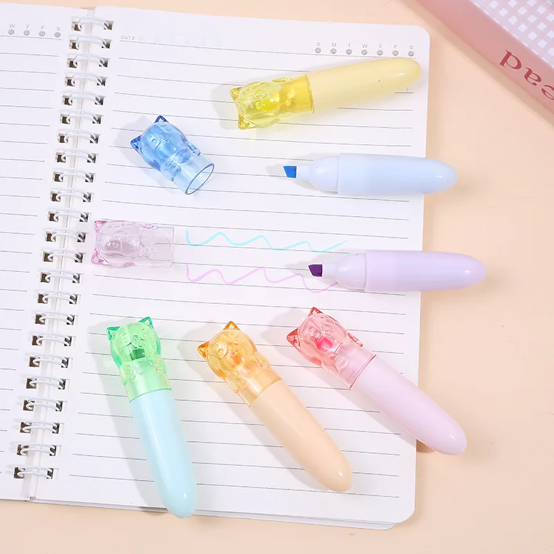 12 Pcs(2 set) Super Cute Mini Highlighter Cat Meow Highlighter Color Student Cartoon Hand Account Drawing Marker Strokes
