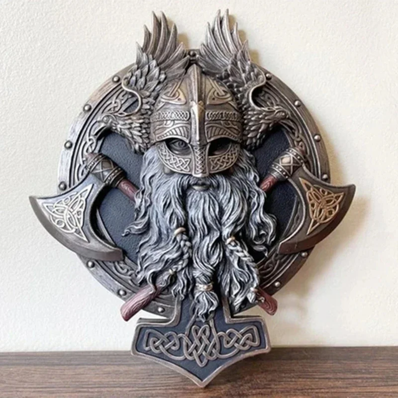 

New Viking Berserker Double Axe Plaque Resin Statue Ornament Vintage Warrior Valhalla Sculpture Figurine Wall Decoration Crafts