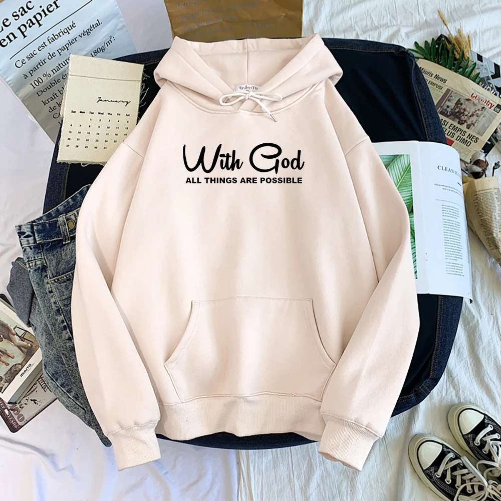 With God All Things Are Possible Male Hoody Autumn Oversize Sweatshirt Street Casual Hooded Fleece Warm Loose Sportswear Men