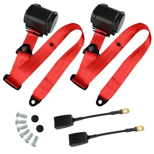 

2 Universal Red 3-Point Retractable Seat Belts With Mounting Hardware For Go Kart, Golf Cart, SUV, Car, Minivan, UTV