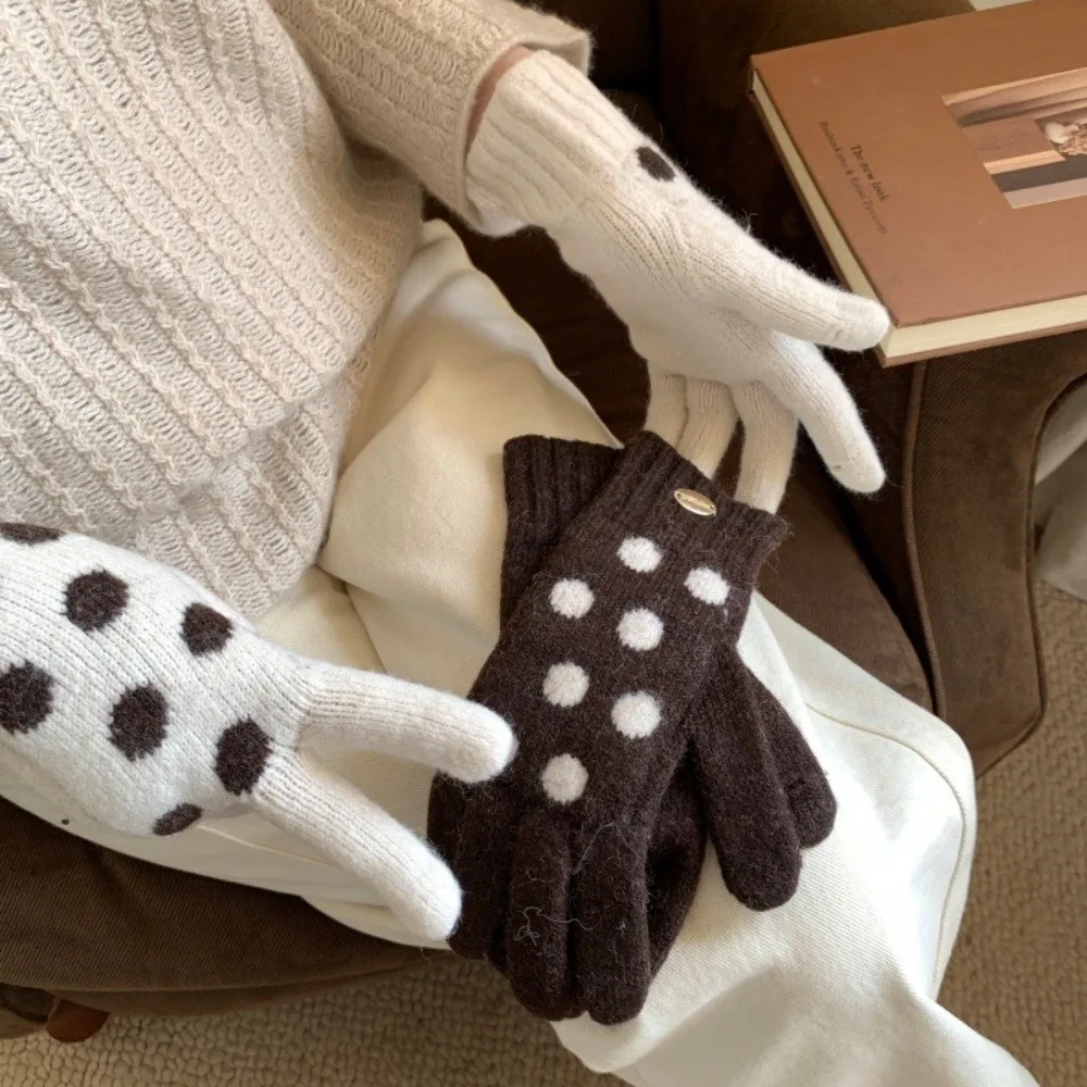 Polyester Polka Dot Touch Screen Gloves Warm Lining One Size Knitted Winter Gloves Stretchy Cold Proof Cycling Gloves