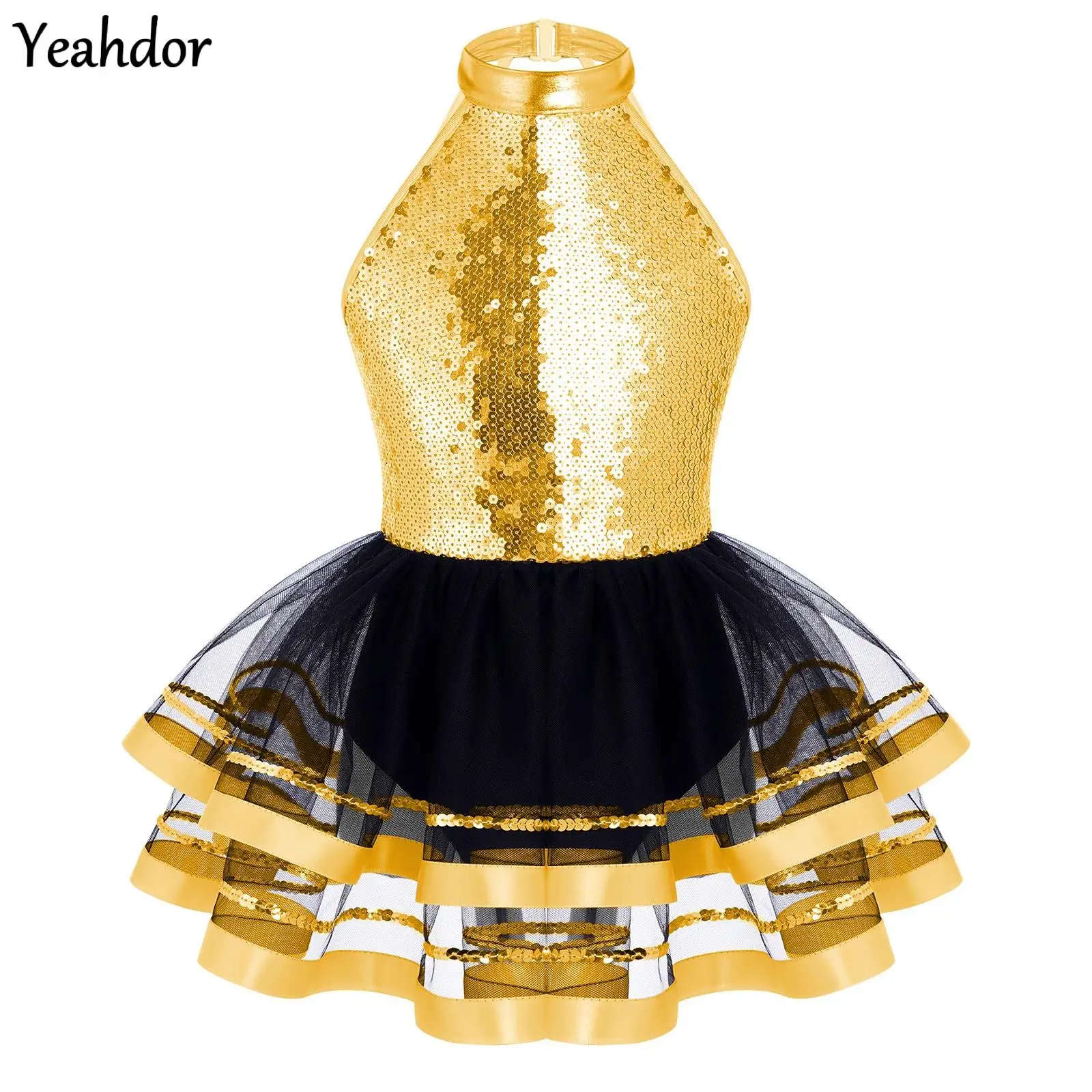 

Kids Girls Halter Ballet Tutu Dress Shiny Sequins Gymnastics Skating Leotard Tulle Dress Modern Latin Jazz Performance Costumes
