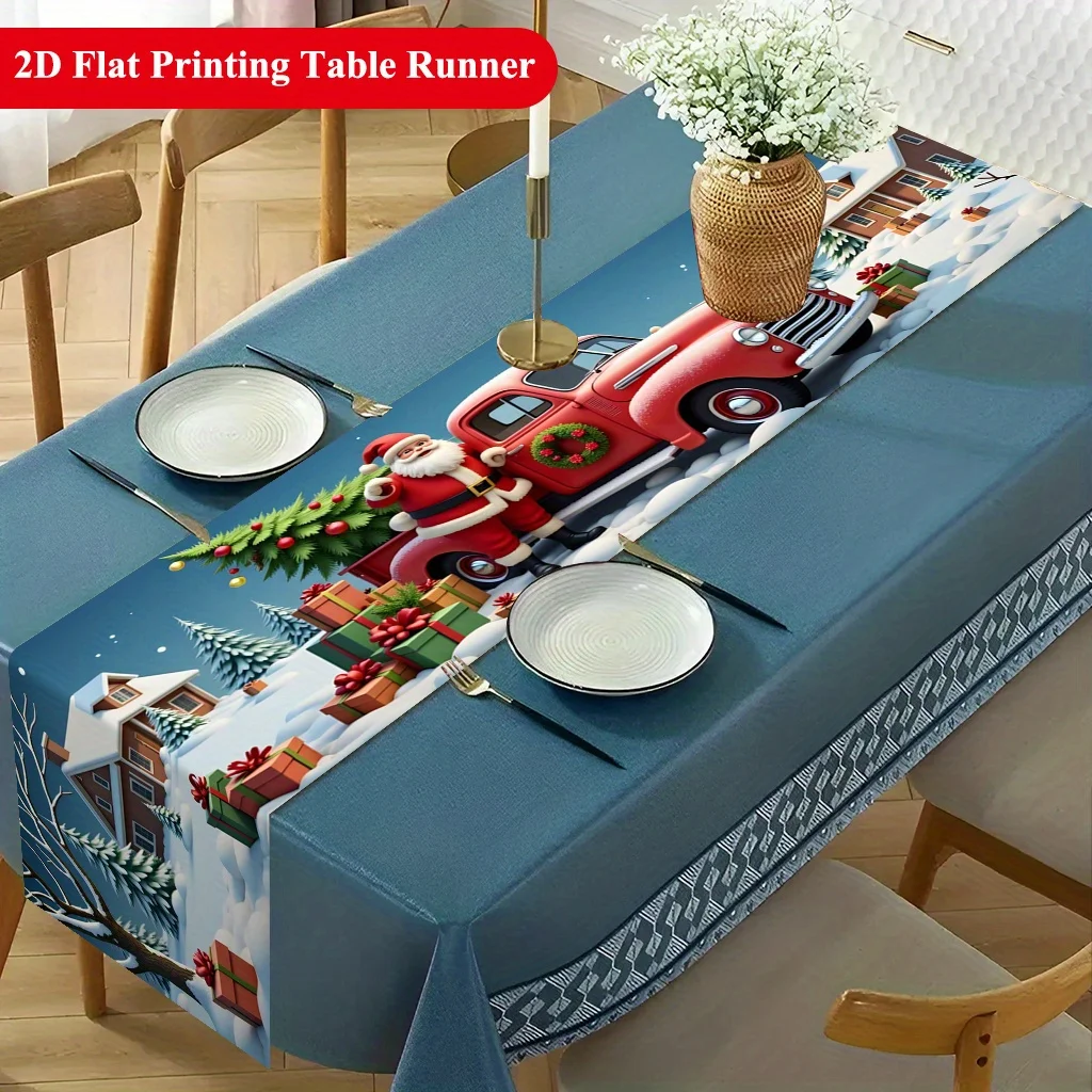 2D‑Printed Santa Delivering Gifts In Snow Table Runner, Decor for Dining Table, Coffee‑Table, Gatherings, Indoor‑Outdoor Parties