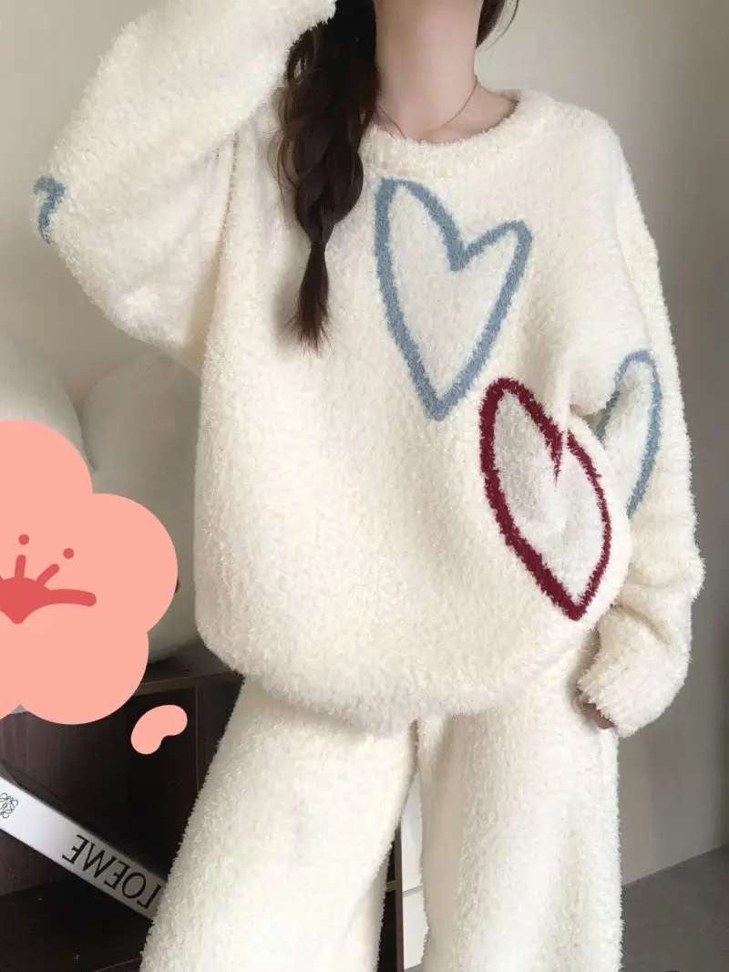 

Korean version Women's pajamas love half-pile winter new model thicken plush long sleeves keep warm homewear two-piece set