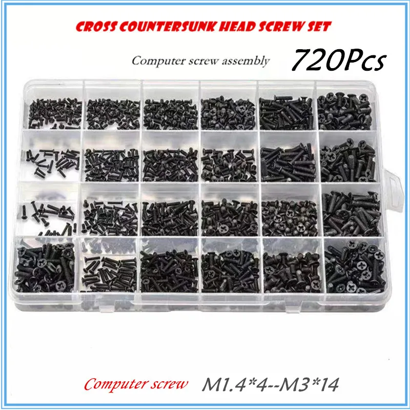 450/650/720 Pcs M1.4 M2 M2.5 M3 Black Steel Mini Micro Cross Countersunk Head Flat Head Screw Combination Laptop Screws Kit Box