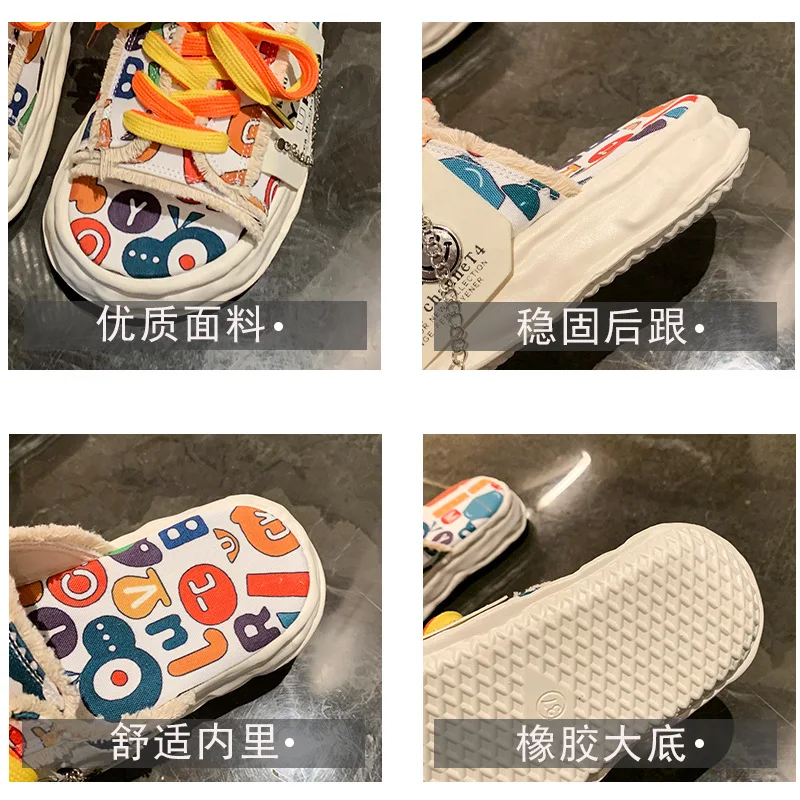 Women Fashion Platform Slippers Summer Cute Cartoon Graffiti Canvas Sandals Outdoor Comfortable Light Casual Flats Plus Size 42