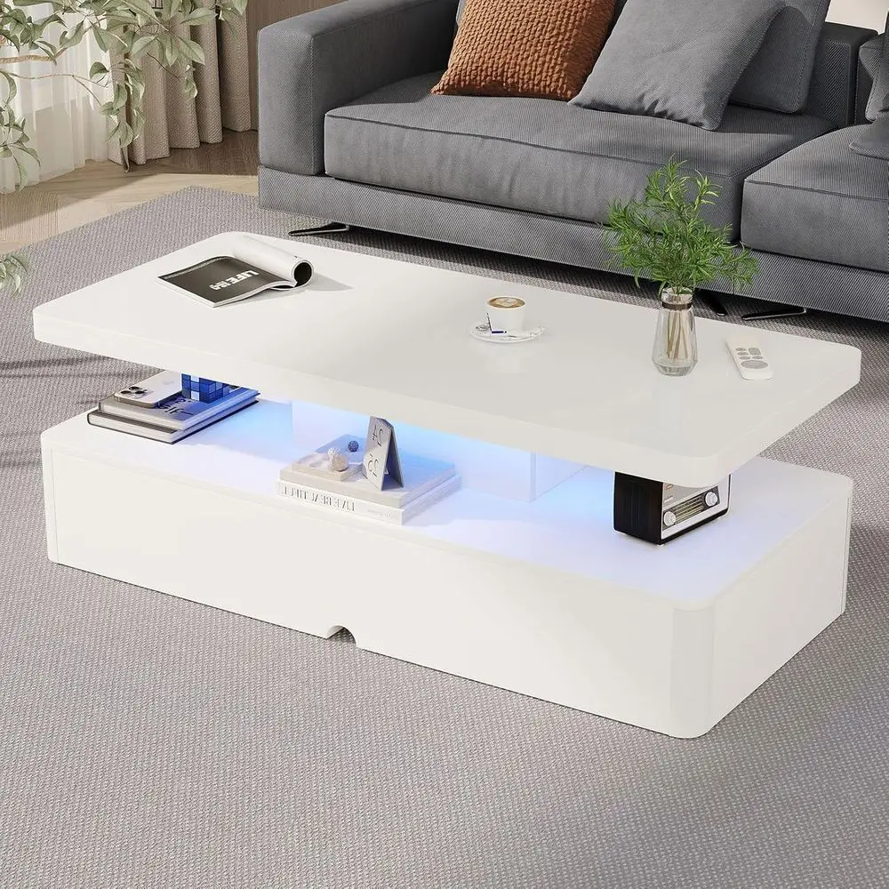 

47 White High Gloss 2-Tier Coffee Table with LED Lights, Large Storage for Living/Bedroom/Office
