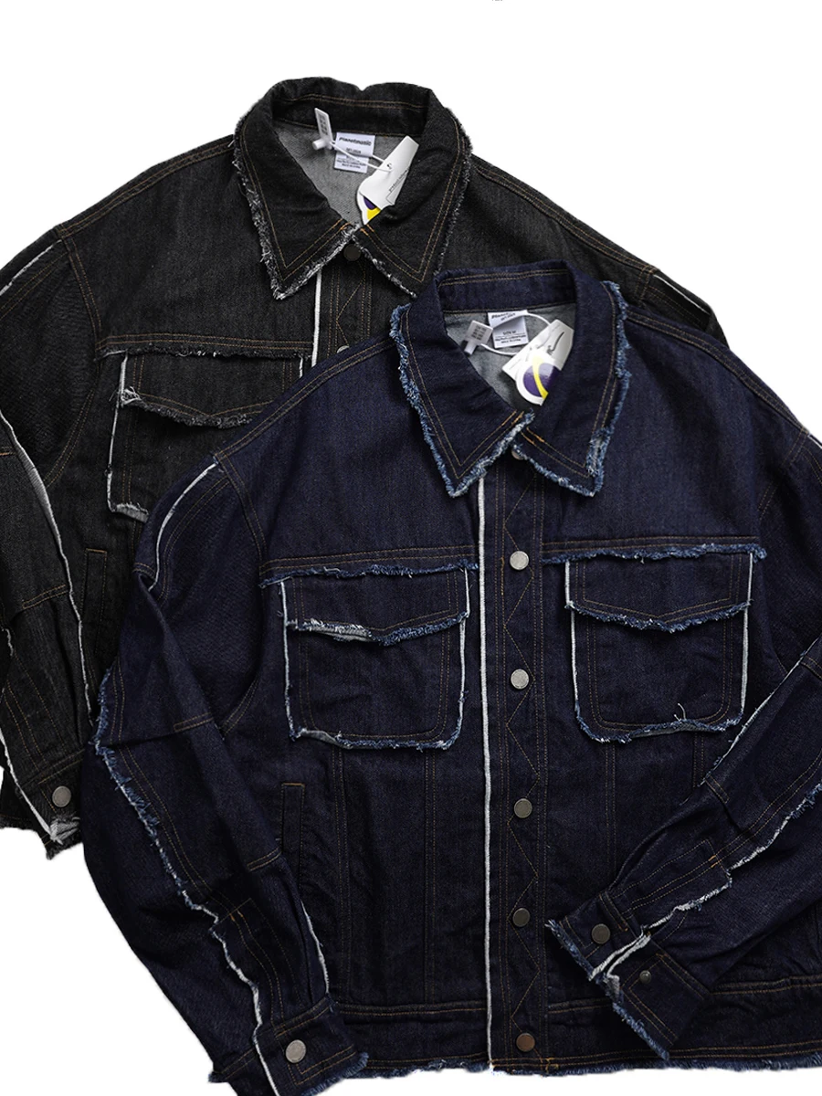 

Мужская джинсовая куртка Heavyweight American Style с рваным подолом, воротником-стойкой и оригинальным дизайном, модная рабочая одежда