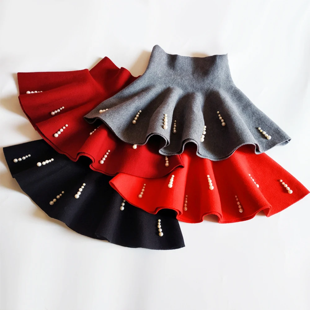 

High Waist Knitting Skirt Four Season Pleated with Pearl 2-10Y Girl Clothes Mini Skirt Children Clothing New Year Party Skirt