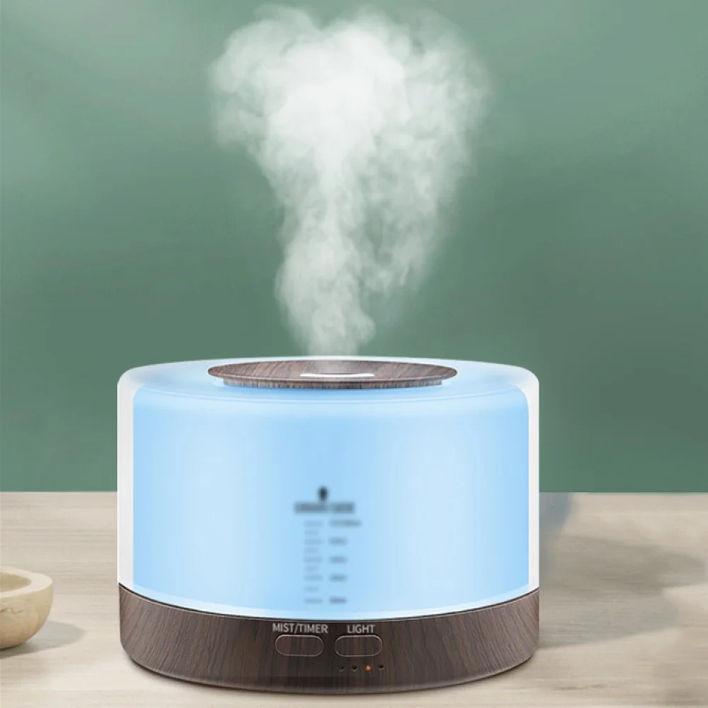 Difusor de óleo essencial 500ml, umidificador ultrassônico com controle remoto, grão de madeira, umidificador de ar de mesa com luzes noturnas coloridas