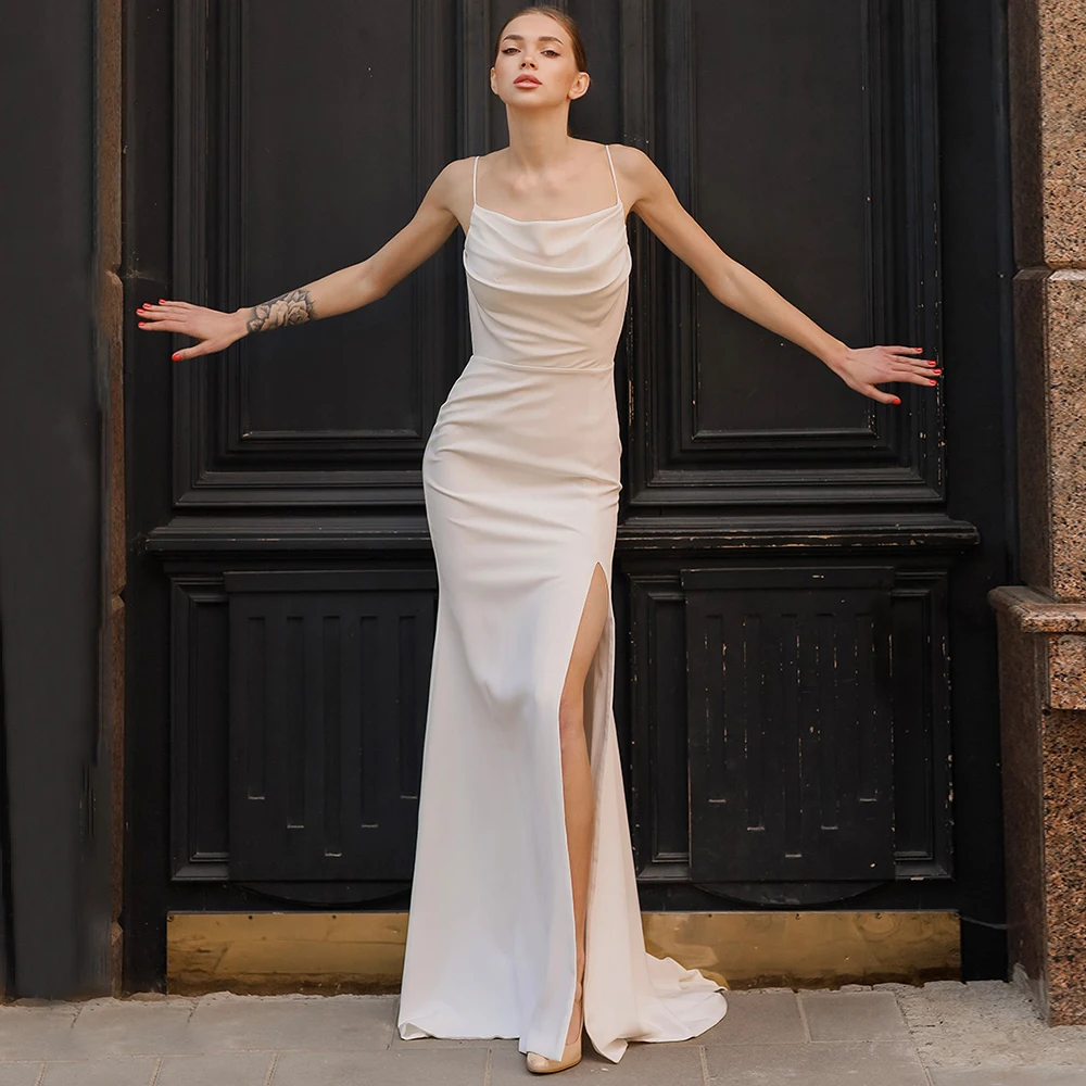 

Simple White Spaghetti Straps Mermaid Wedding Dress with Side Slit Court Train Pleat Jersey Floor Length Bridal Dress Customized