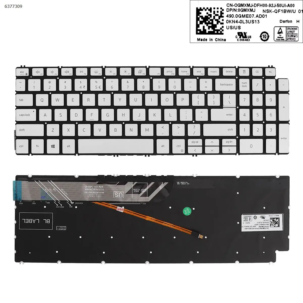 

US Laptop Keyboard for Dell Inspiron 15 7590 5584 5590 5593 5594 5598 Silver with Backlit