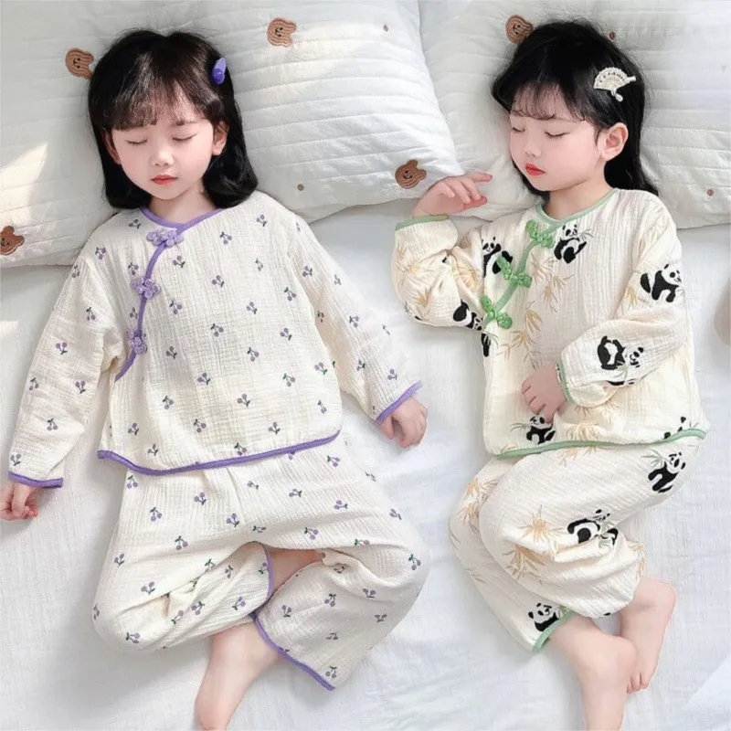 New Chinese Style Girls' Pure Cotton Gauze Home Suit Set Children Pajamas Two-piece Set Baby Girl Spring Autumn Sleepwear ZJ13