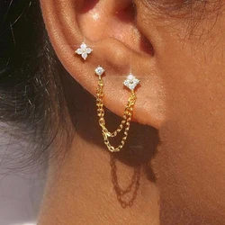 ZAKOL 1 Pair Colored Zircon Four-leaf Flower Stud Earrings Ear Piercing Chain Helix Tragus Cartilage Ear Accessories for Women