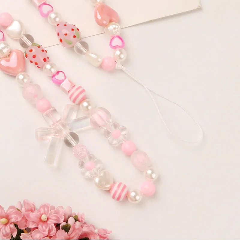 Fashion Strawberry Romantic Heart Pearl Geometry Beaded Charm Lanyard Decoration Bracelet Mobile Phone Chain Women Pink Jewelry