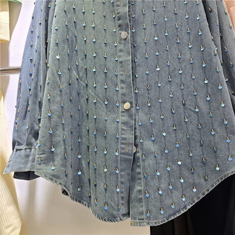 SuperAen 2026 Autumn New Korean Style Fashion Sequined Casual Long-Sleeved Women's Clothing Loose Denim Shirts