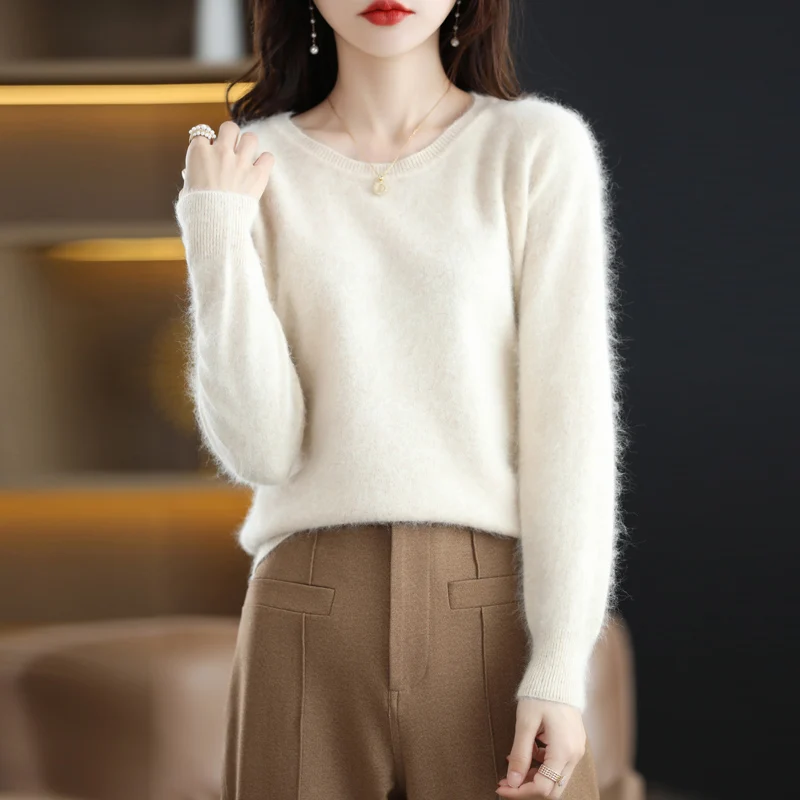 DjzDsm Ladies Pure Mink Cashmere Sweater Low Round Neck Long Sleeve Loose Autumn And Winter Warm Knit Jumper Solid Color Top