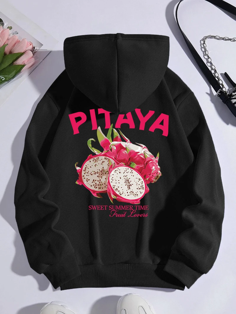 

Autumn Winter Womans Hoodies Fresh Pitaya Printing Pullovers Breathable Fleece Warm Pocket Sweatshirts Fashion Female Clothing