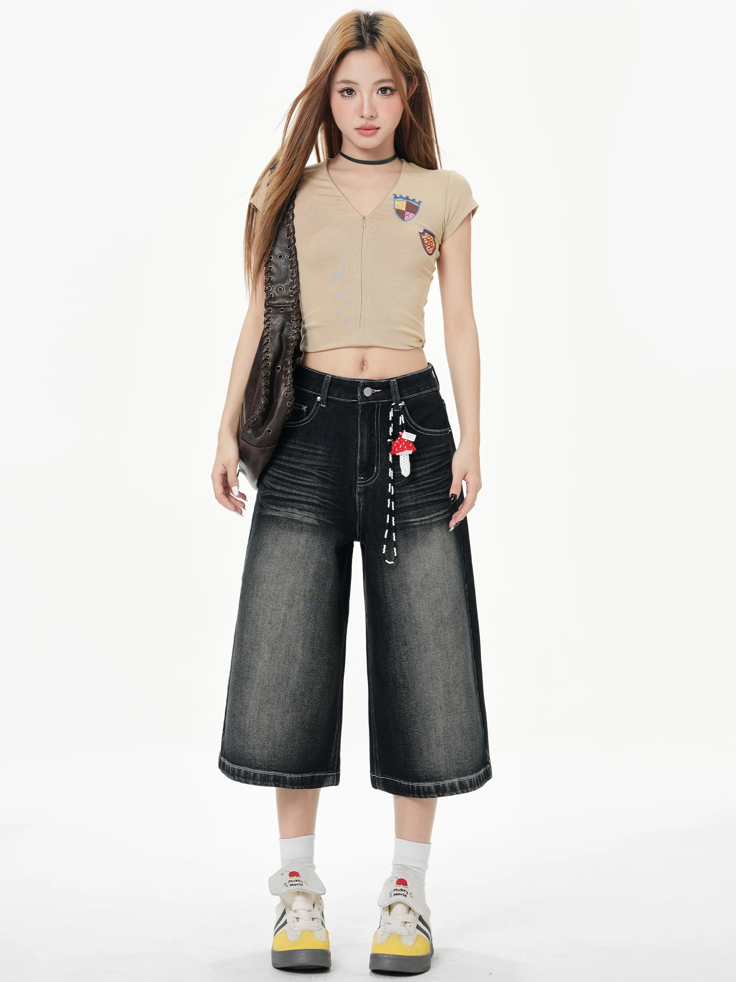 

High Waist Straight Leg Seven-Foot Blue Black Denim Jeans Women's Summer American Retro Spicy Girl Slimming Casual Cotton Blend