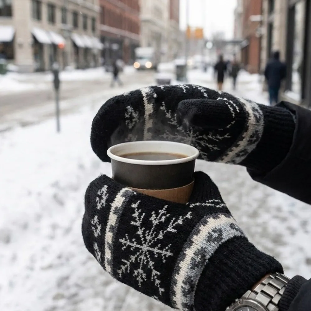 Double Layer Snowflake Jacquard Knitted Gloves Fleece Cold Resistant Winter Mittens Polyester Thickened Warm Gloves Outdoor