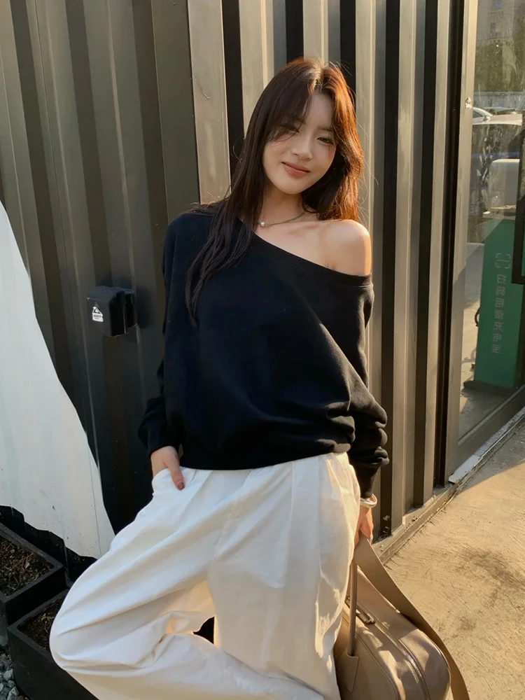 Bla-oulder Hoodie Women's Early Spring Design Sexy Outerwear oulder Bared Top Loose Fit Long Sve Pure Color