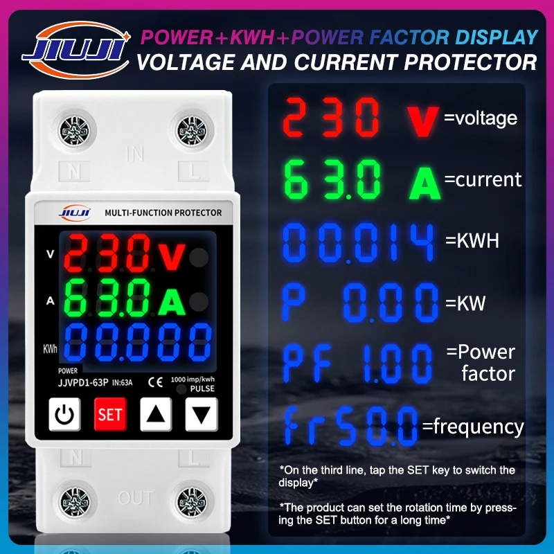 JIUJI 63A Din Rail Adjustable Over And Under Voltage And Current Protective Device With Kilowatt-hour Meter JJVPD1-63