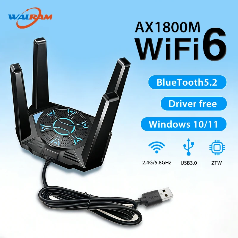 

WALRAM AX1800 WiFi 6 USB 3.0 адаптер двухдиапазонная сетевая карта 2,4G/5Ghz беспроводной настольный компьютер BT5.2 802.11AX драйвер бесплатно Win10/11
