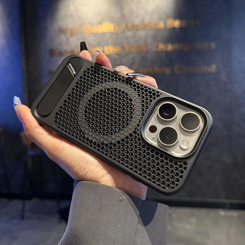 For IPhone 16plus 16pro max Hollowed-out Honeycomb Cooling Mobile Phone Case Magnetic Folding Bracket Protective Cover