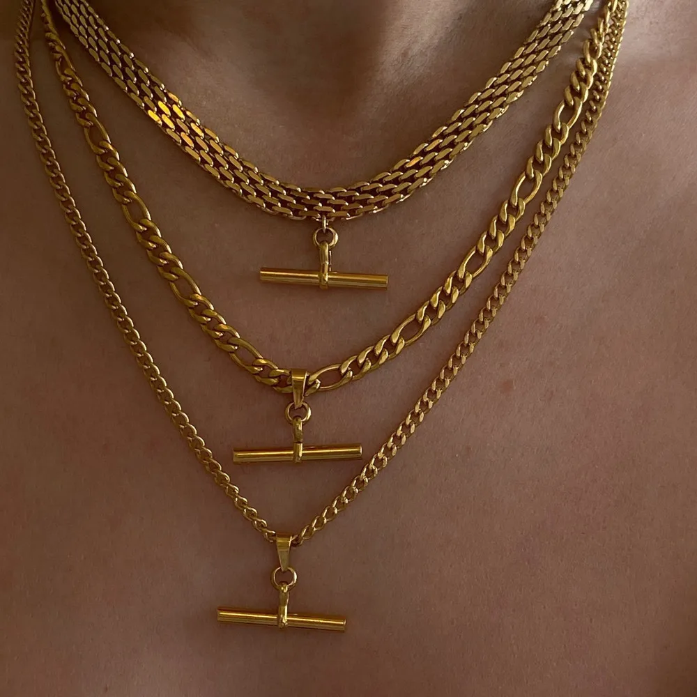 

T Shape Pendant Stainless Steel Necklace For Women Gold Tarnish Free Watch Band Women Chain Necklace Letter Pendant Choker Colla