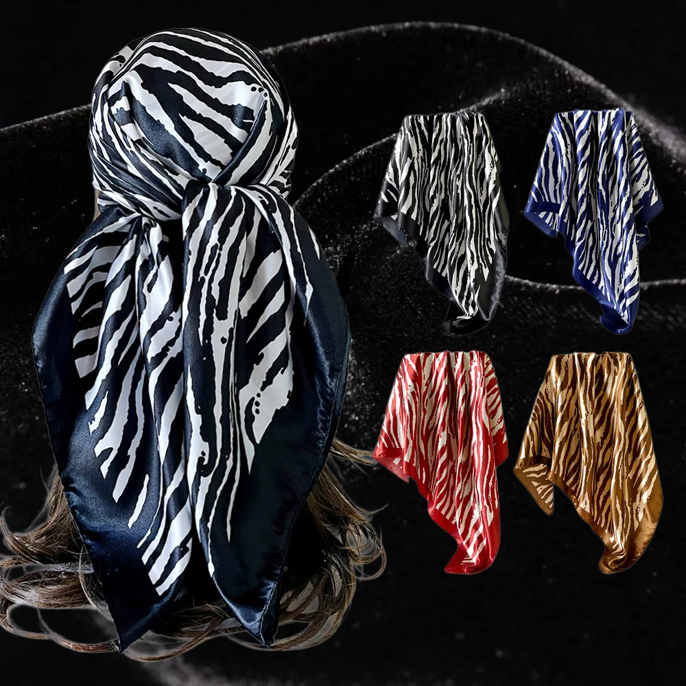 90cm Zebra Print Satin Square Scarf Wild retro headscarf women fashion accessory Black white zebra satin scarf with color border