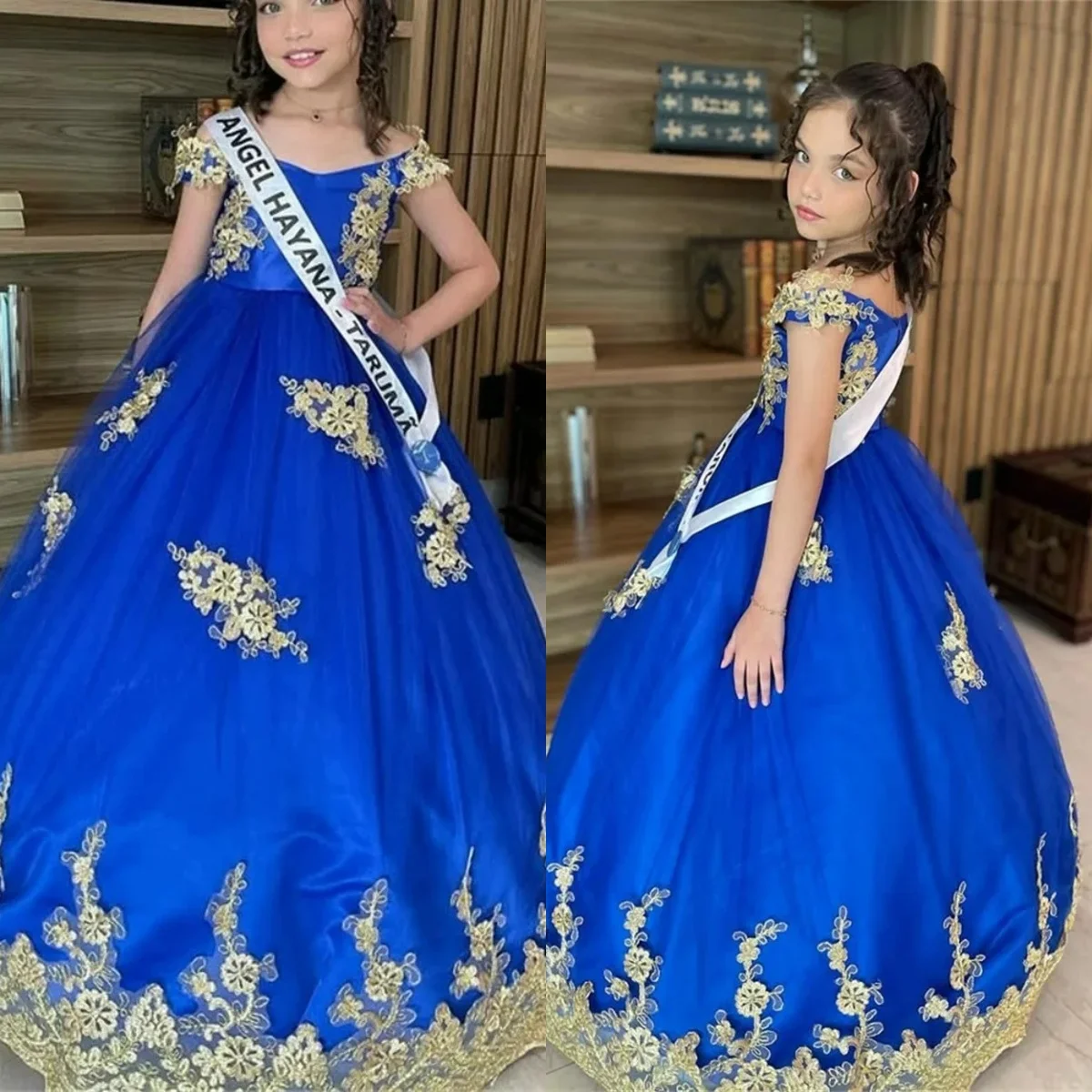 Królewska Niebieska Sukienka dla Druhny z Koronkowymi Aplikacjami, Odkryte Ramiona, Sukienki na Konkursy Piękności dla Dziewczynek, Długa Sukienka na Urodziny, Szyta na Miarę